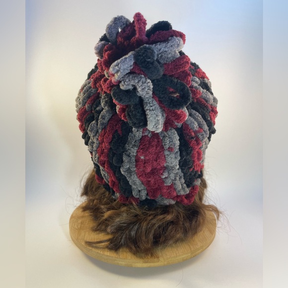 Handmade Women’s/Junior’s Winter Hat With Loopy Pom-Pom- Cranberry, Gray & Black - Picture 6 of 9